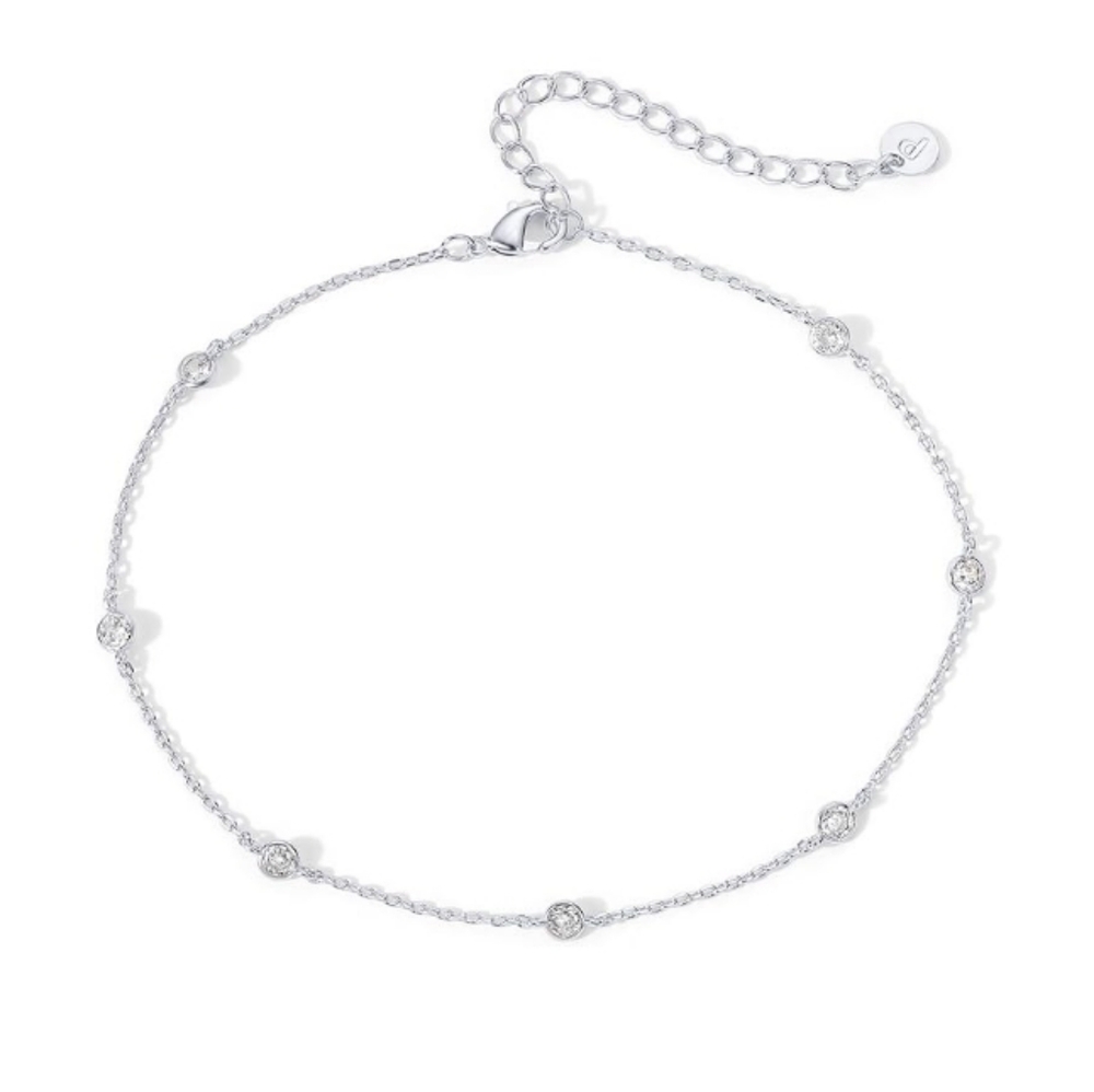 14K Gold Plated Chain CZ Station Beaded Adjustable White Gold Anklet